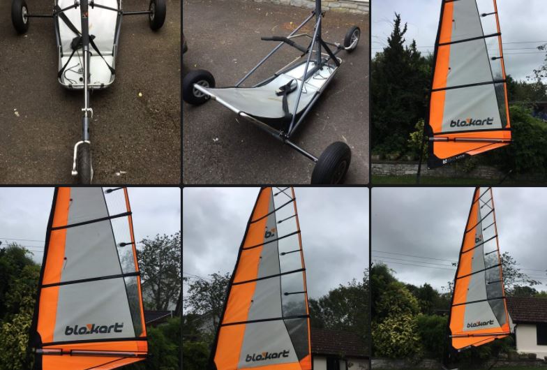 Comp kart with 4m and 5.5m sails in good condition, Inc a brand new 6pc fibreglass mast